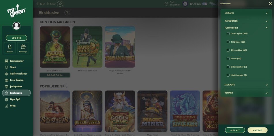 Advanced game filter menu at the Mr Green casino