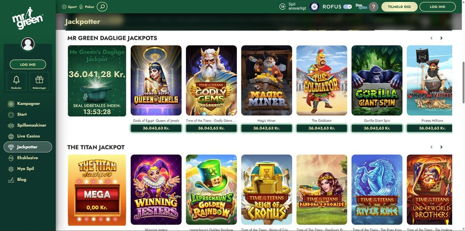 Mr Green's daily jackpot page with the payout countdown