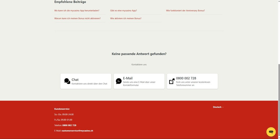mycasino contact page showing chat, e-mail, and a free phone support number