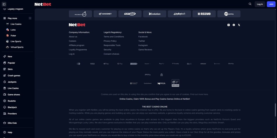 The casino payment methods at NetBet