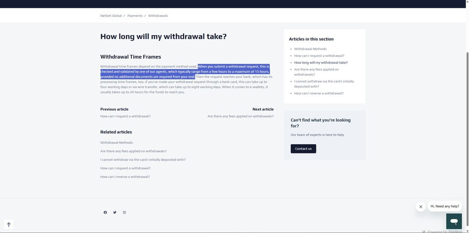 The withdrawal processing time at NetBet