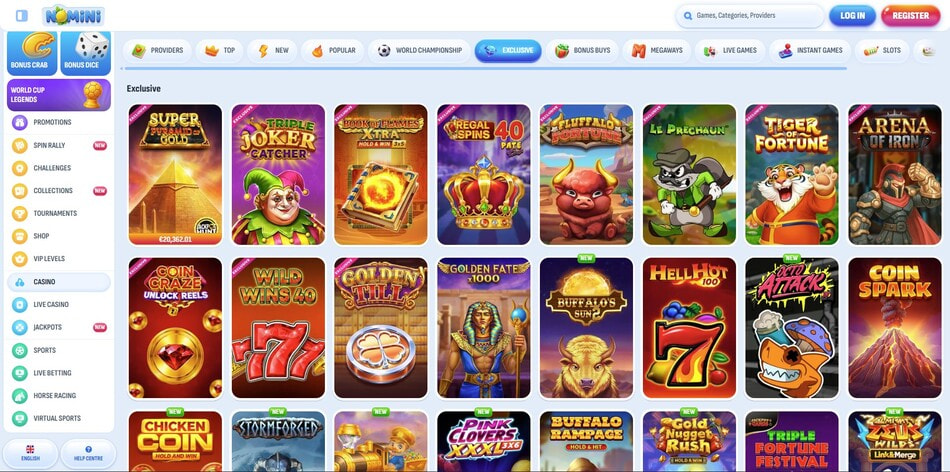 Exclusive games section at the Nomini online casino in Ireland