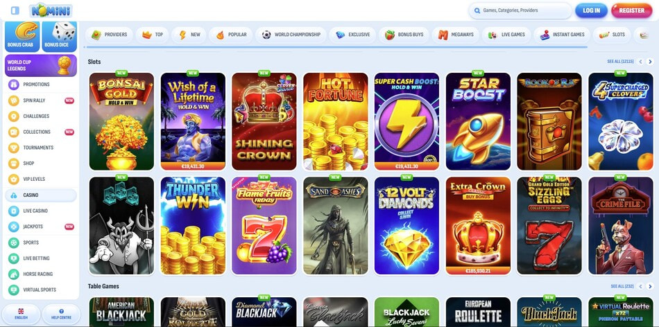 Nomini casino slots lobby showing a collection of over 12,000 online slot games