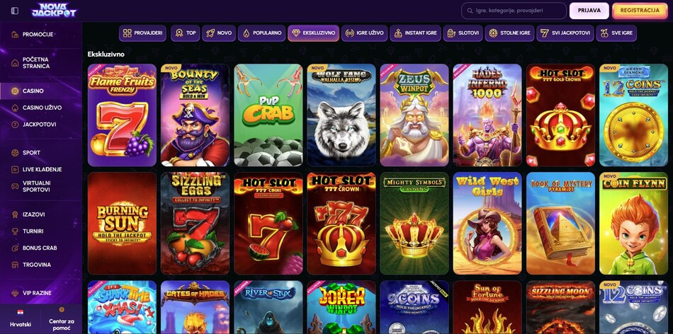The exclusive online slots category at NovaJackpot in Croatia
