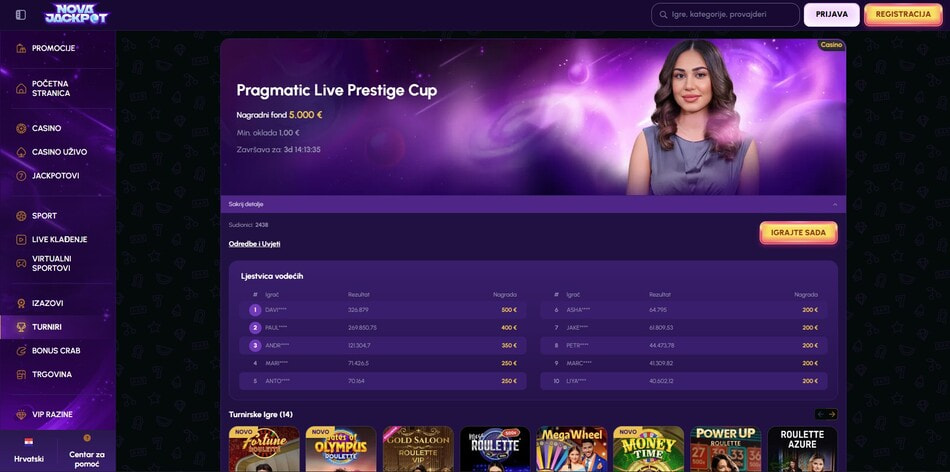 The Pragmatic Live Prestige Cup live casino tournament at NovaJackpot in Croatia