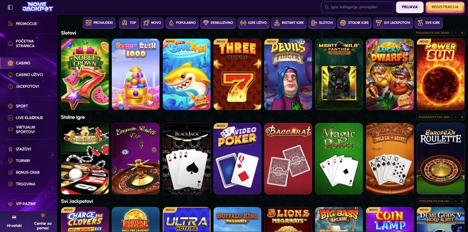 The casino game lobby at NovaJackpot in Croatia shows the slots collection