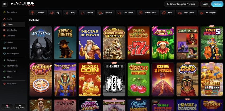 The Exclusive slots category at Revolution Casino in Croatia