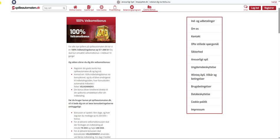 Spilleautomaten.dk welcome bonus terms and conditions