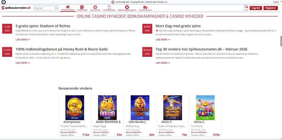 Live winner feed at Spilleautomaten.dk showing recent wins and multipliers