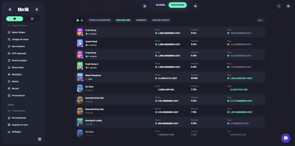 The High Rollers live win feed at Thrill Casino in Nicaragua