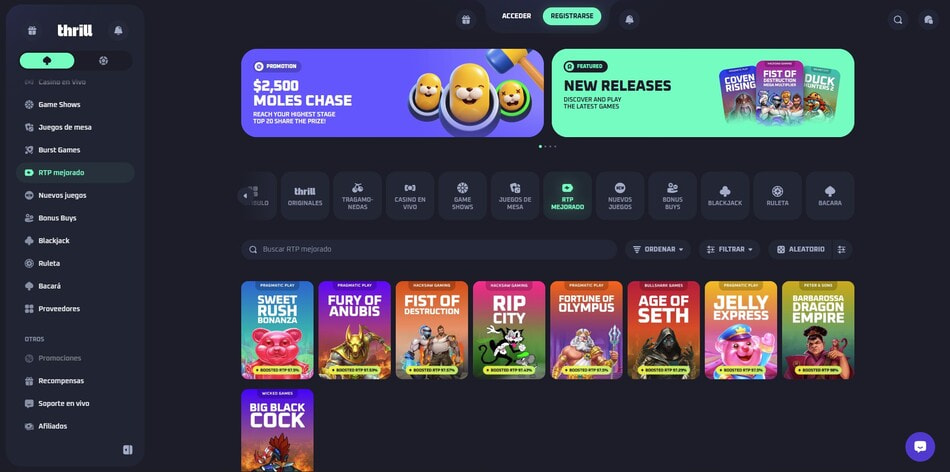 The boosted RTP slots category at Thrill Casino in Nicaragua
