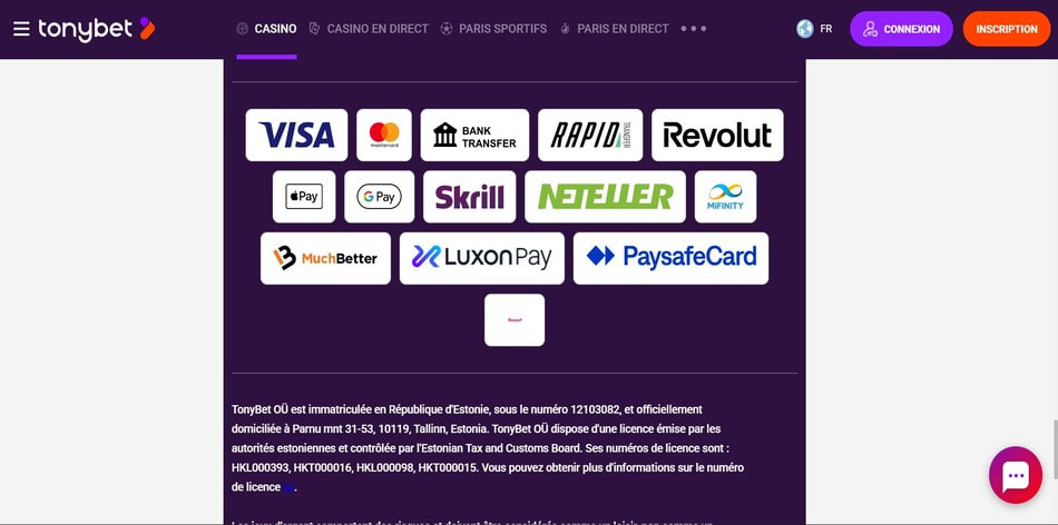 The available deposit methods at TonyBet