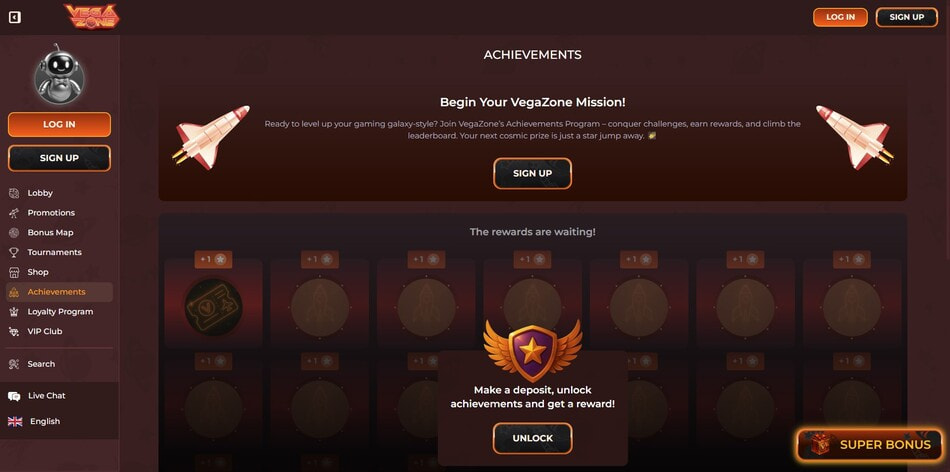 The missions and achievements page at Vegazone in Croatia