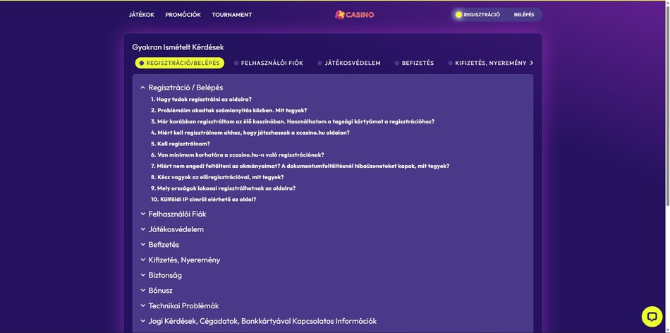 The FAQ section at xcasino.hu