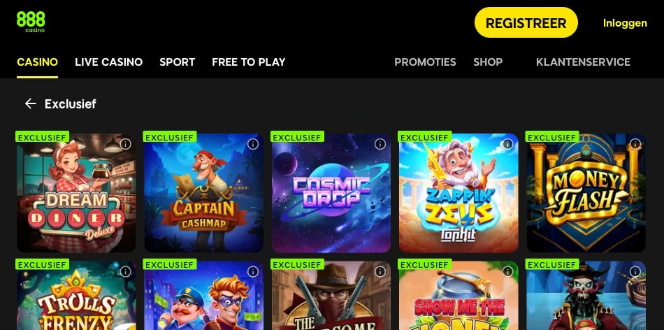 Screenshot van de sectie met exclusieve gokkasten in de 888casino lobby.