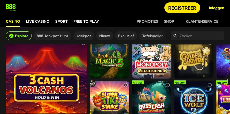 De homepage van 888casino met het navigatiemenu en uitgelichte spellen.