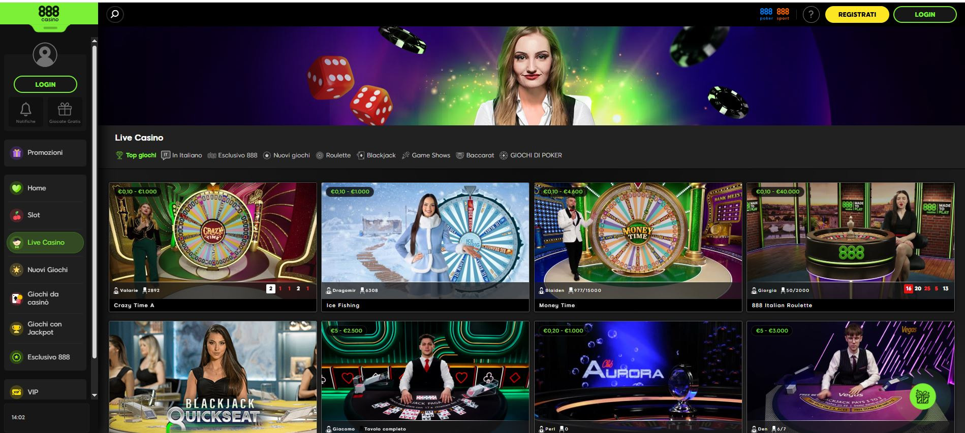 La pagina del portfolio del casinò live di 888casino