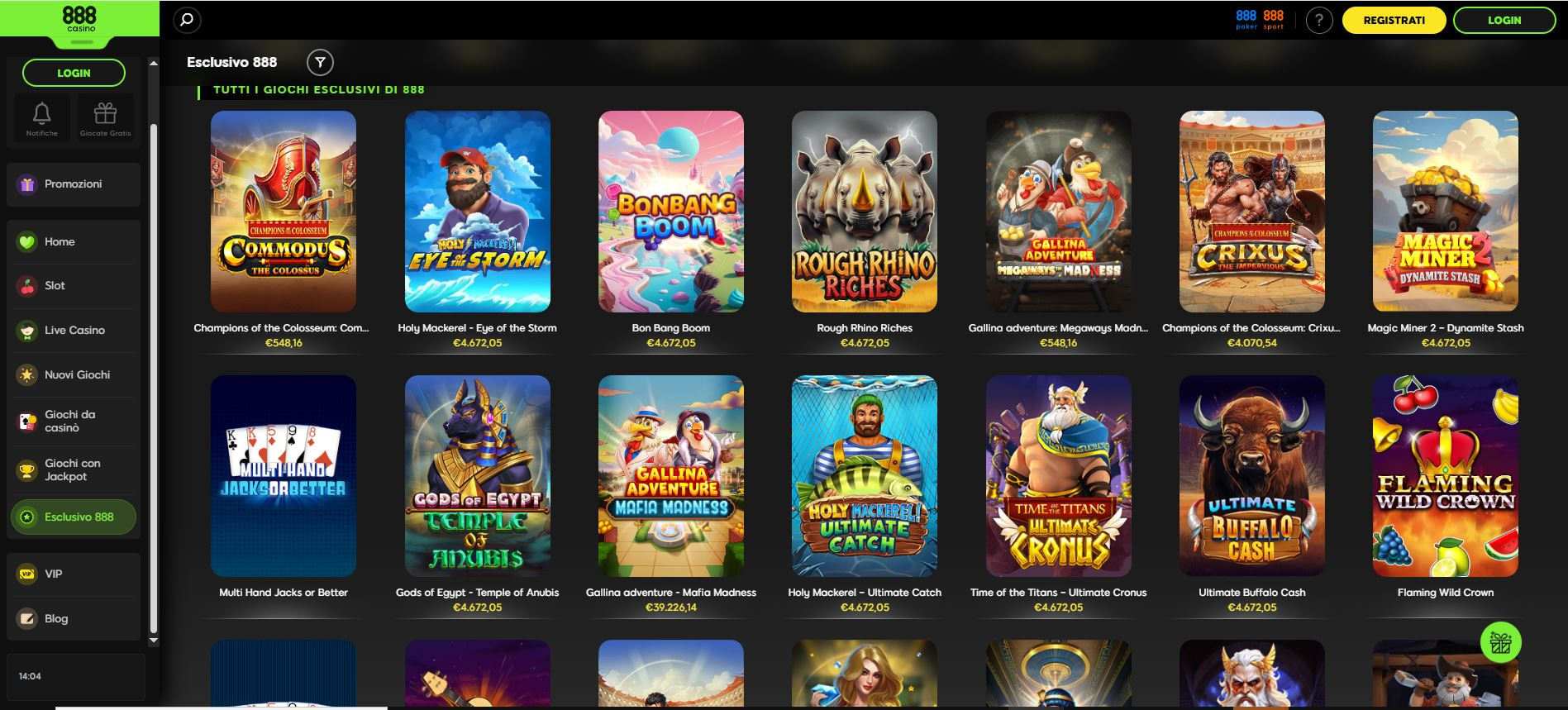 La schermata delle slot esclusive di 888casino.