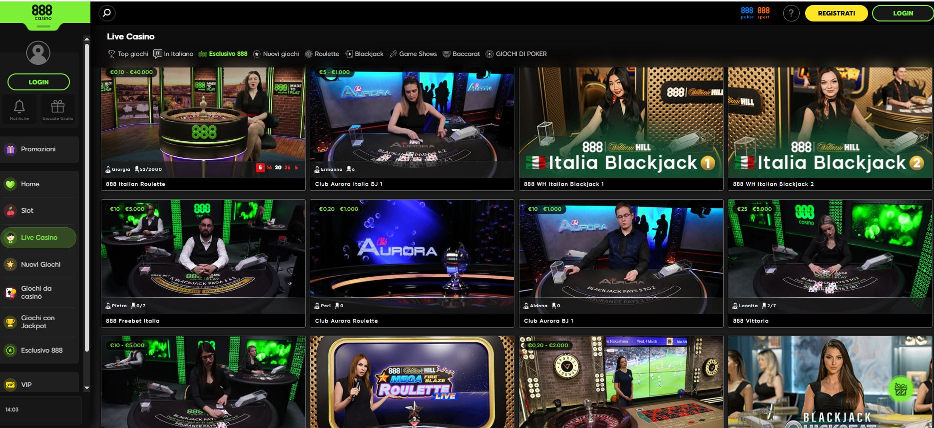 La sezione dei giochi live esclusivi del casinò 888casino.