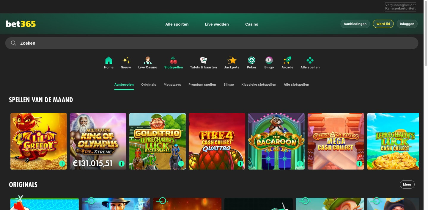 bet365 casino lobby met 1900+ slots