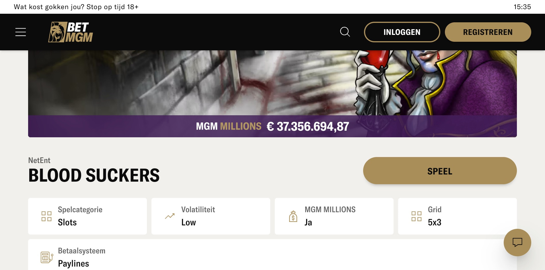 Schermafbeelding van de Blood Suckers gokkast bij BetMGM, bekend om zijn zeer hoge RTP van 98%.