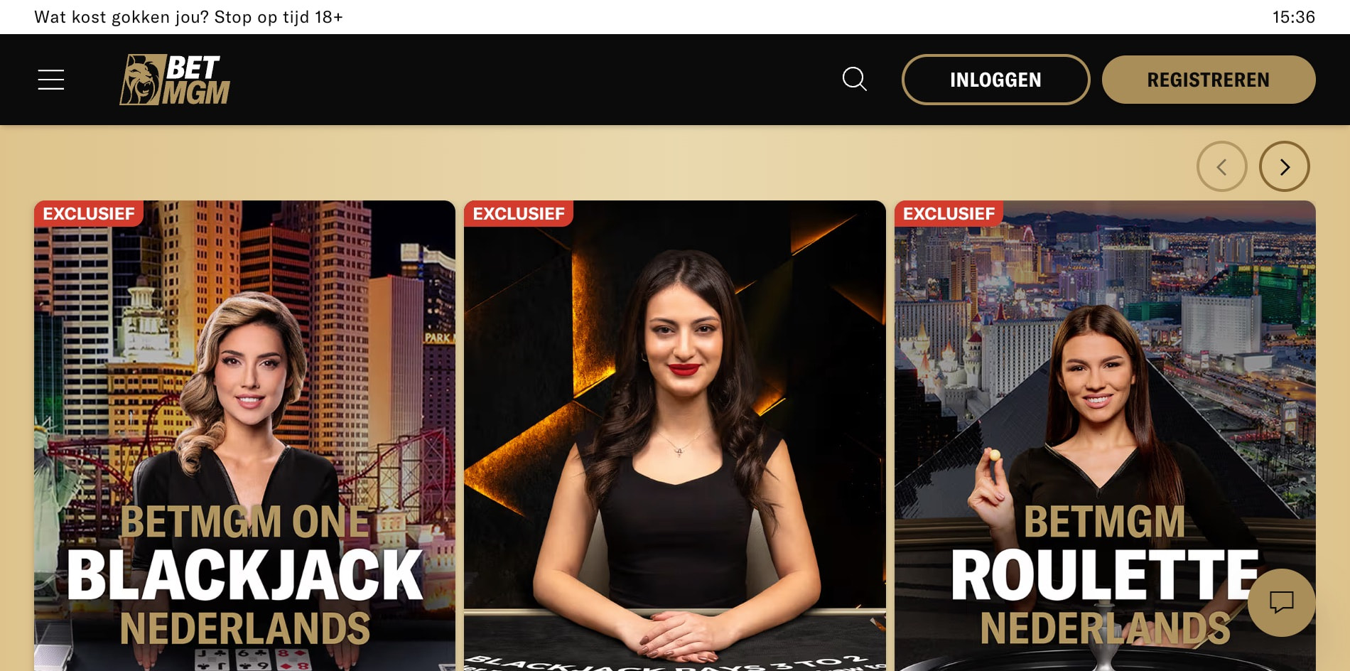 Schermafbeelding van de live casino lobby van BetMGM met exclusieve blackjack en roulette tafels.