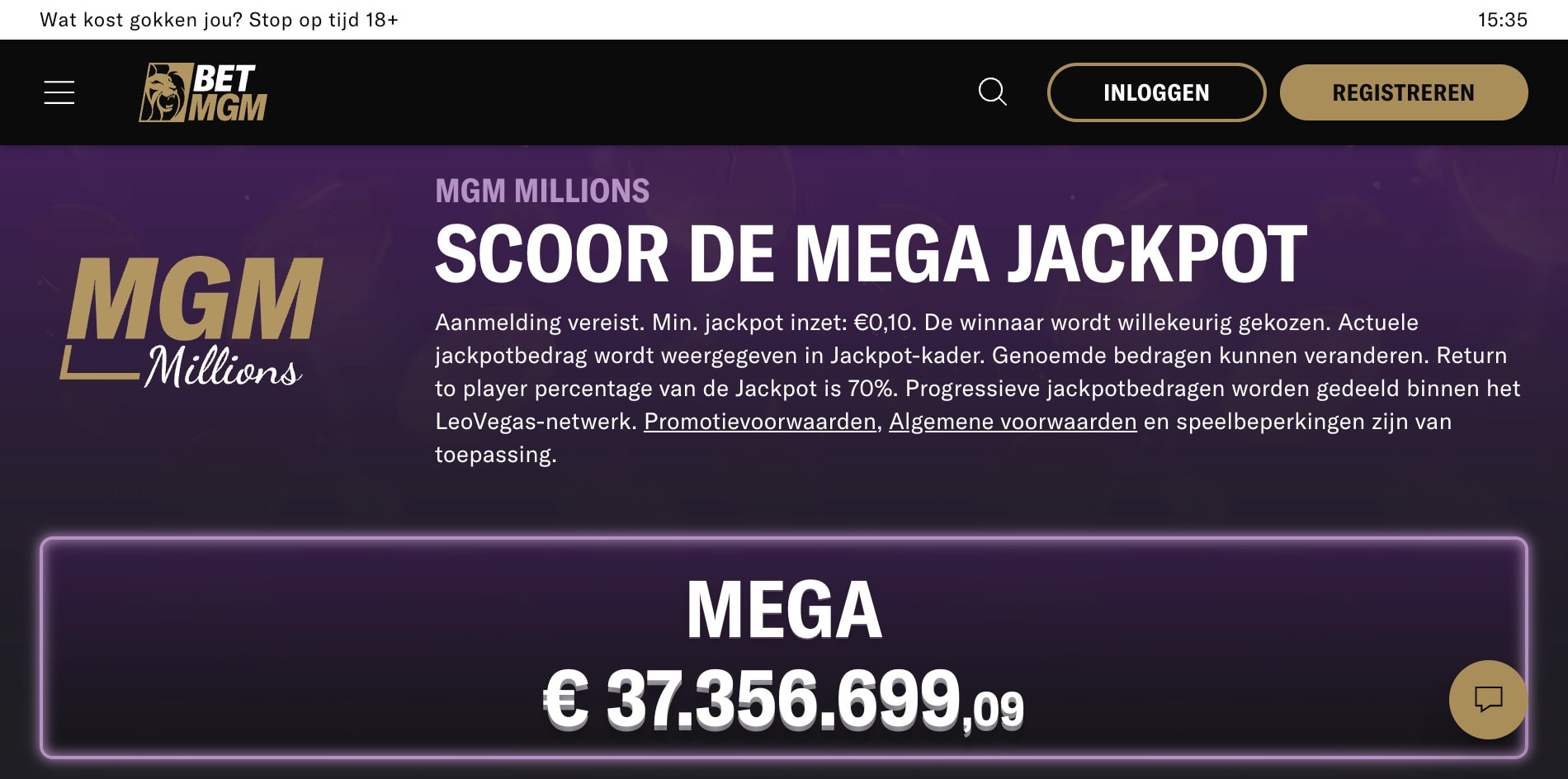 Overzicht exclusieve millions jackpot bij BetMGM, met de huidige jackpotstand.