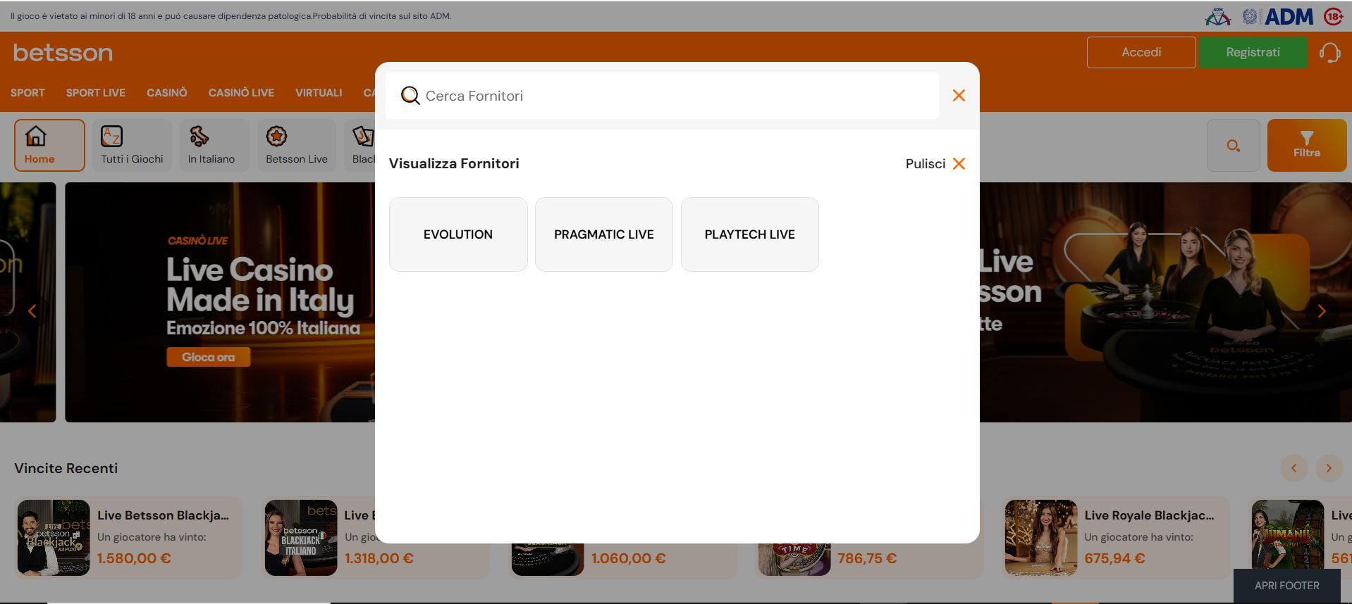 La sezione del casinò dal vivo, con il box dei filtri di ricerca per provider.