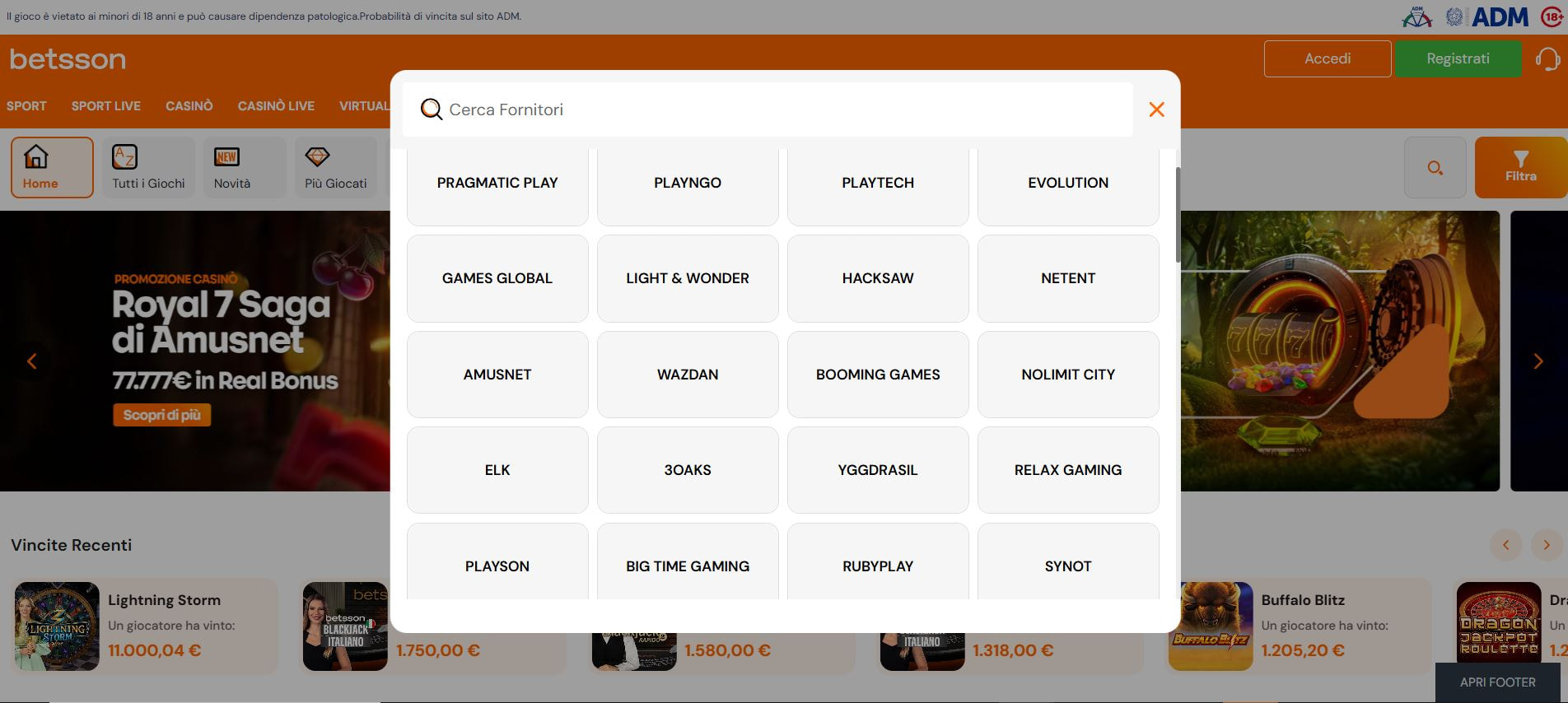 La sezione delle slot del casinò online Betsson, con il box dei filtri ricerca per provider.
