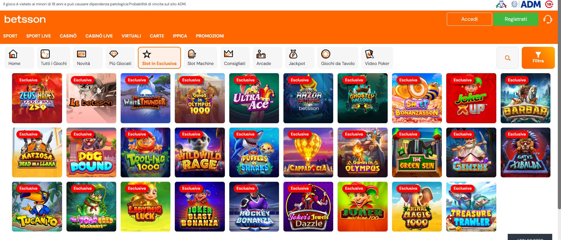 La schermata delle slot esclusive sul casinò online Betsson.