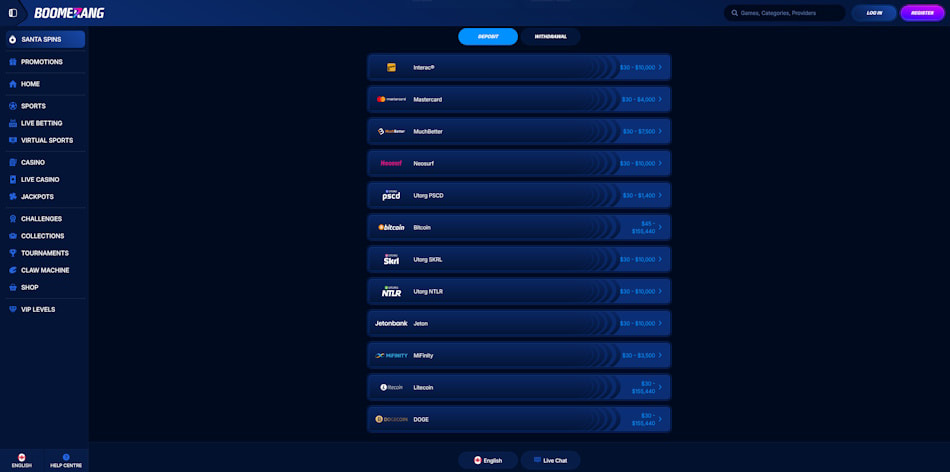 Banking Options Available at Boomerang Casino.