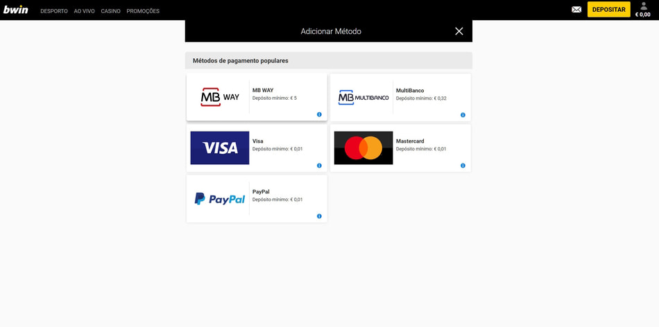 Secção de pagamentos no casino bwin em Portugal