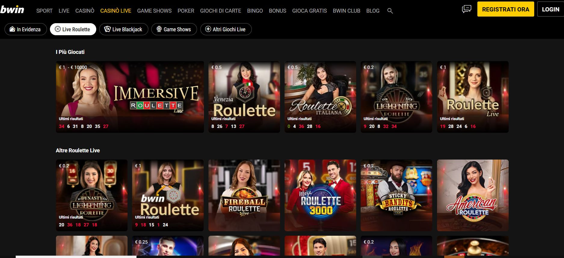 La sezione delle roulette live sul sito di bwin.