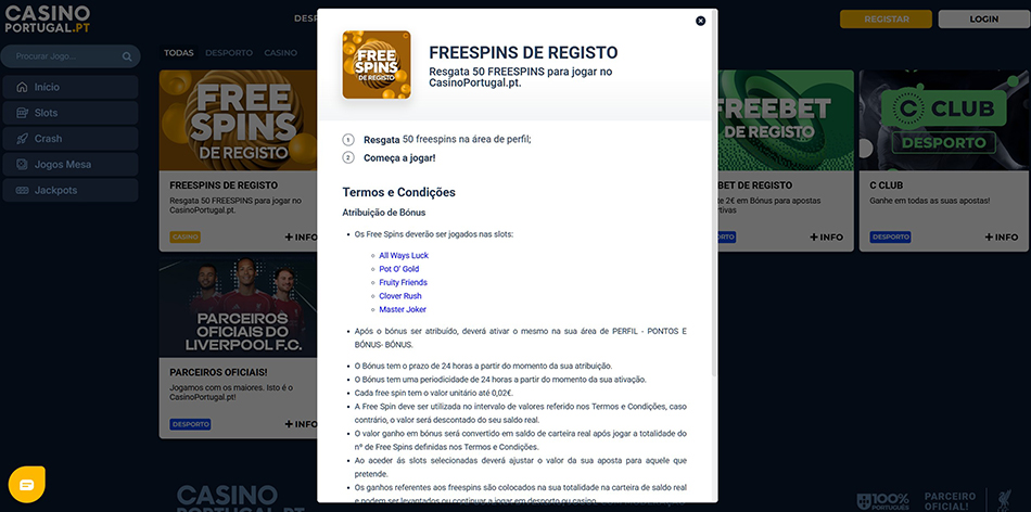 50 Freespins de Registo no Casino Portugal