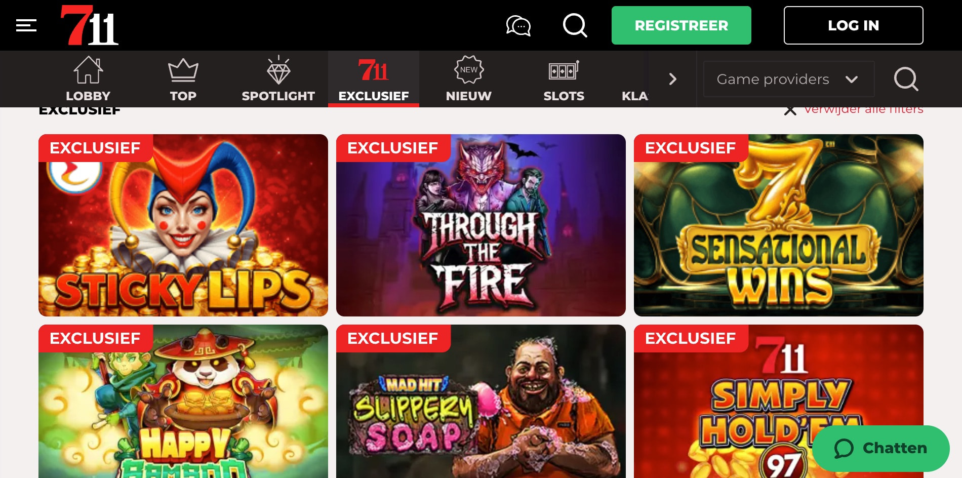 Schermafbeelding van exclusieve gokkasten die alleen bij 711 Casino te spelen zijn.