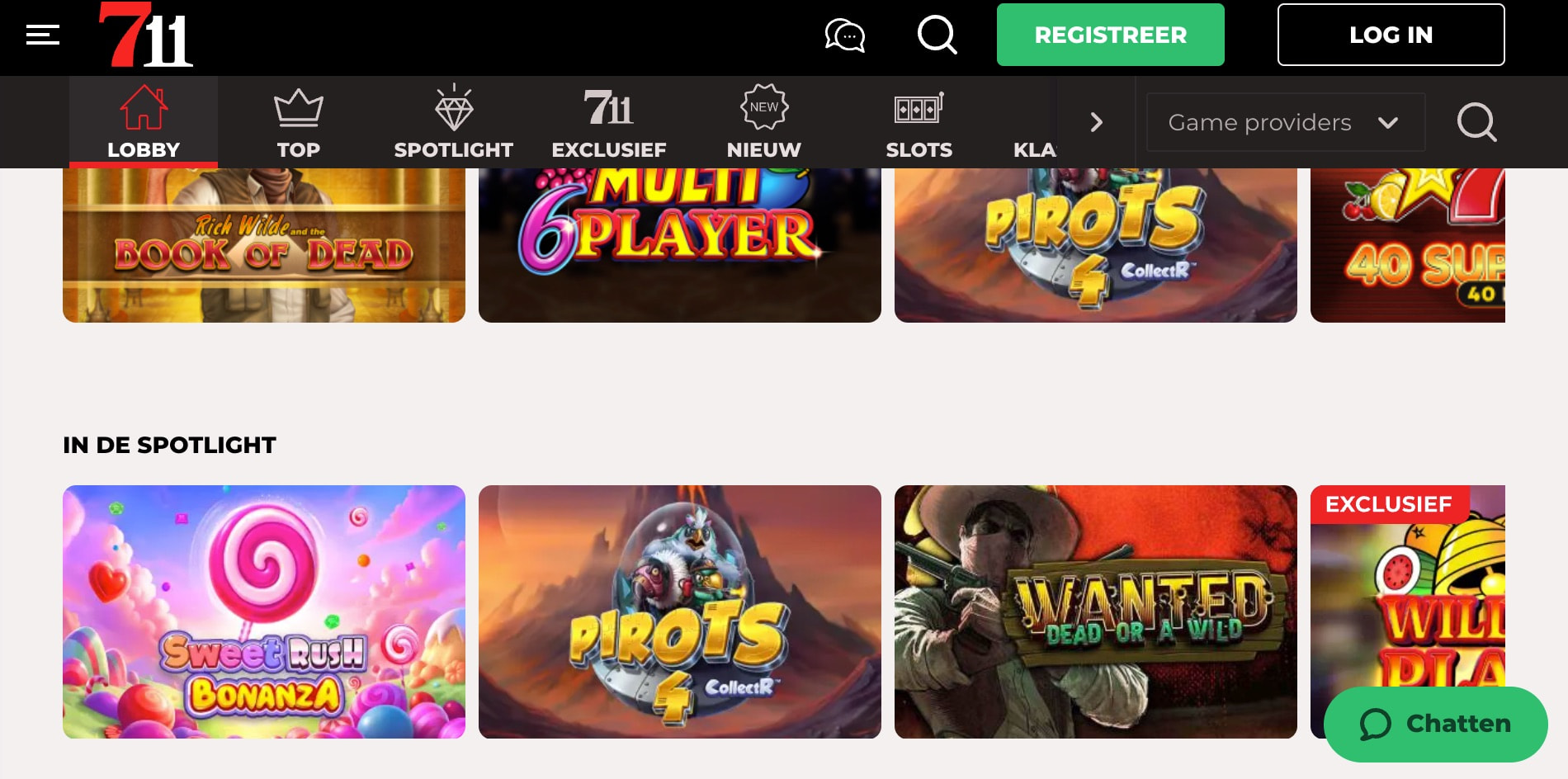 Overzicht van de gokkastenlobby bij 711 Casino, die de verschillende categorieën en populaire spellen toont.