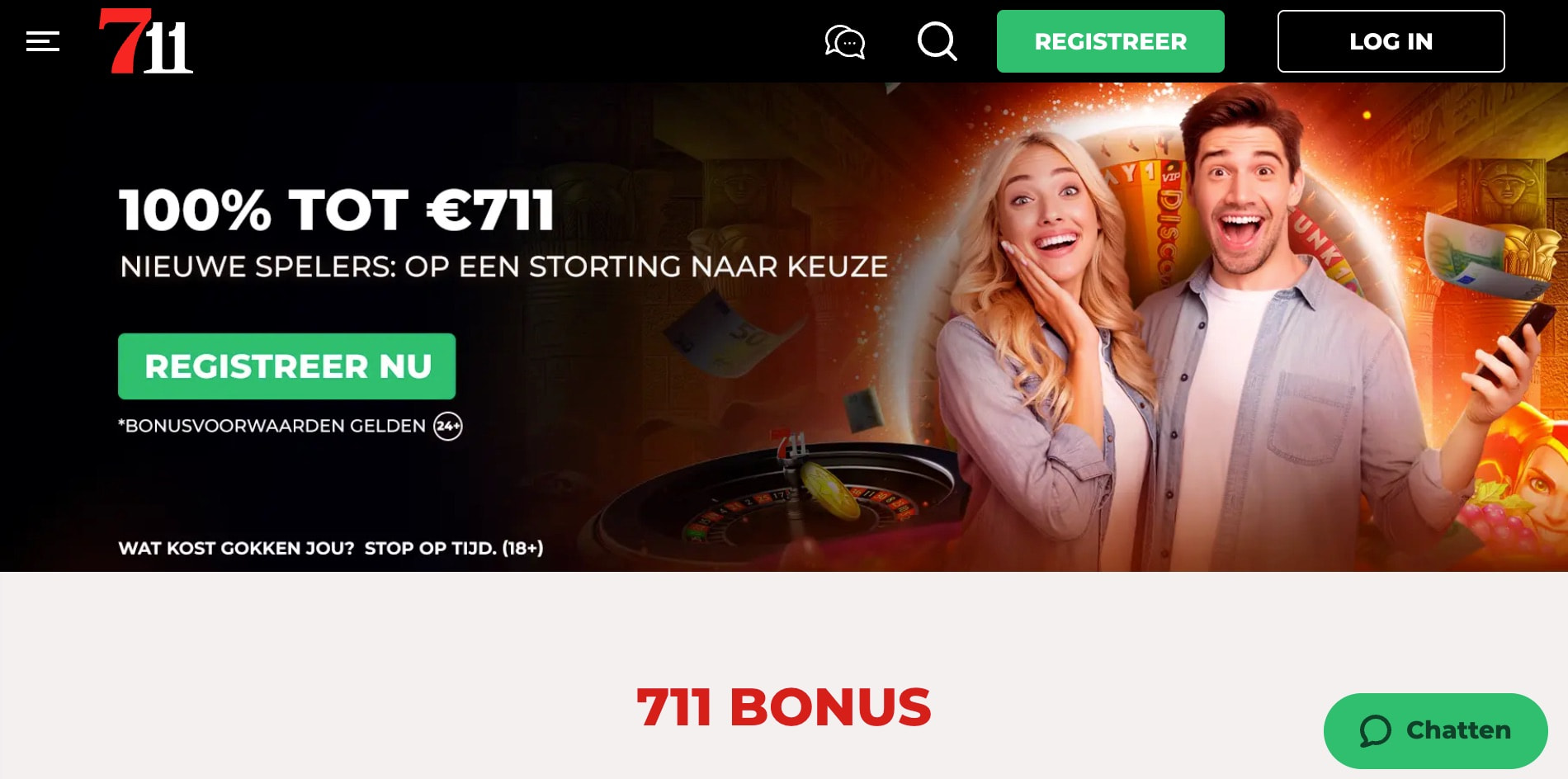 Promotiebanner van de welkomstbonus van 711 Casino, met het bonusbedrag en de belangrijkste voorwaarden.
