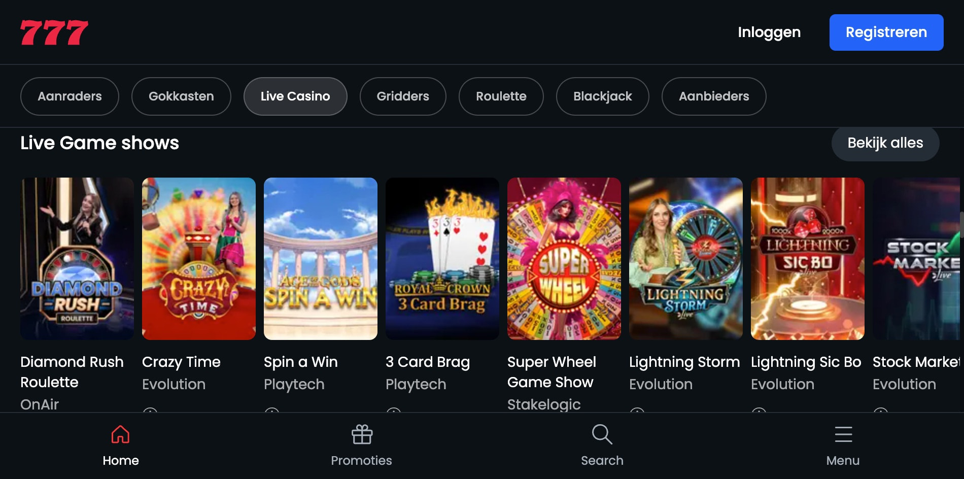 Overzicht van de live casino spellen bij Casino777, met tafels voor blackjack, roulette en populaire game shows.