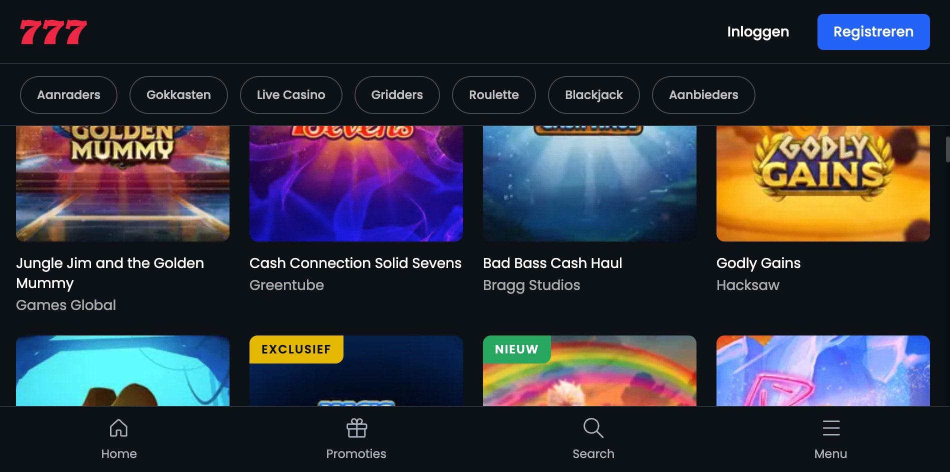 Selectie van nieuwe spellen bij Casino777, waaronder enkele unieke gokkasten die nergens anders te vinden zijn.