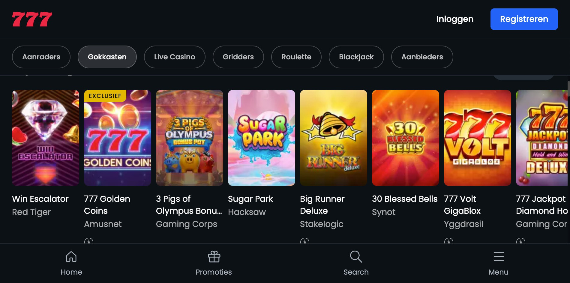 Screenshot van de spellobby van Casino777, met een raster van kleurrijke gokkasten van verschillende providers