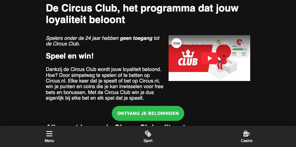 Uitleg over de Circus Club waar spelers punten sparen voor beloningen.