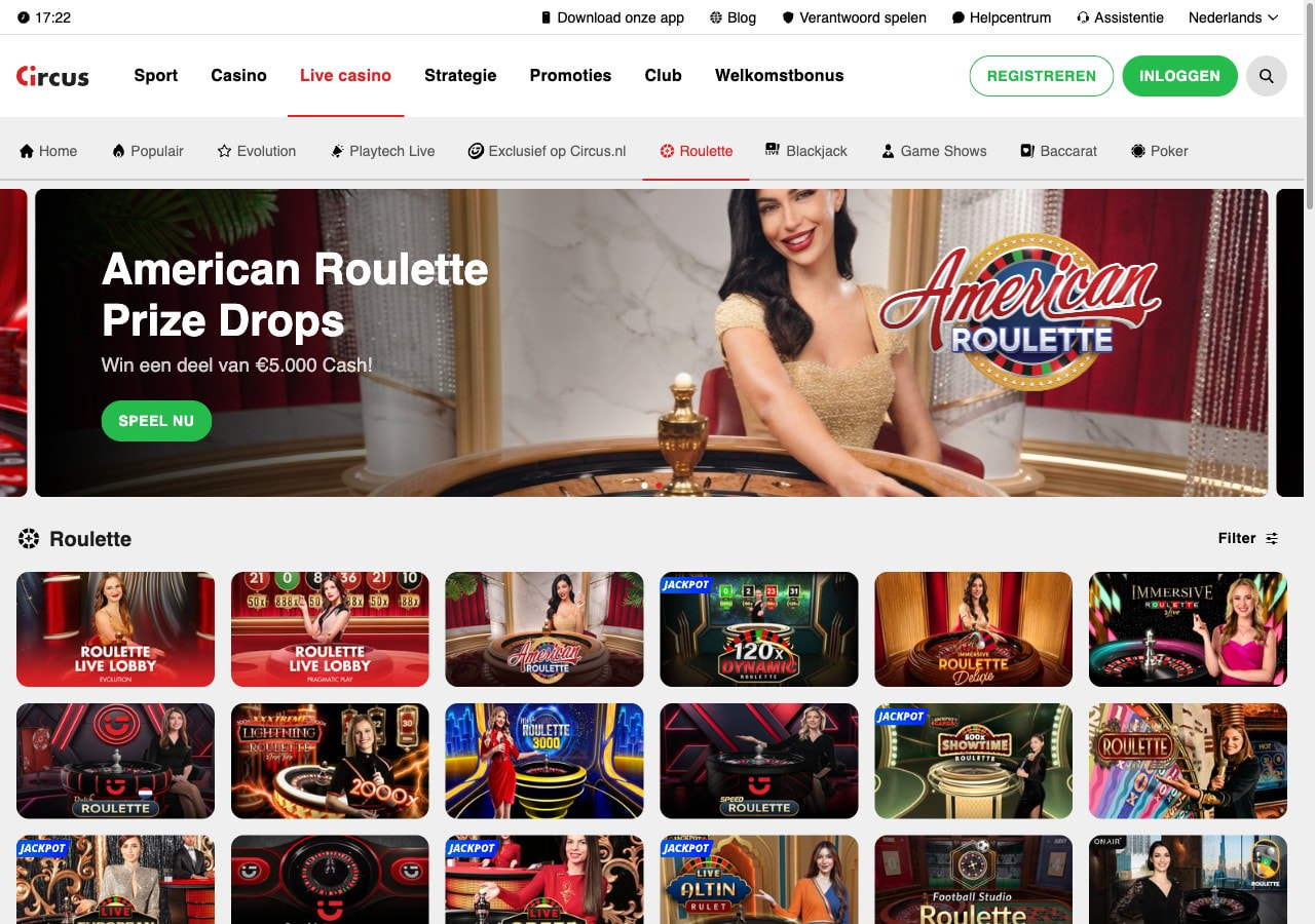 Circus.nl live roulette lobby met 15+ varianten en Nederlandstalige tafels