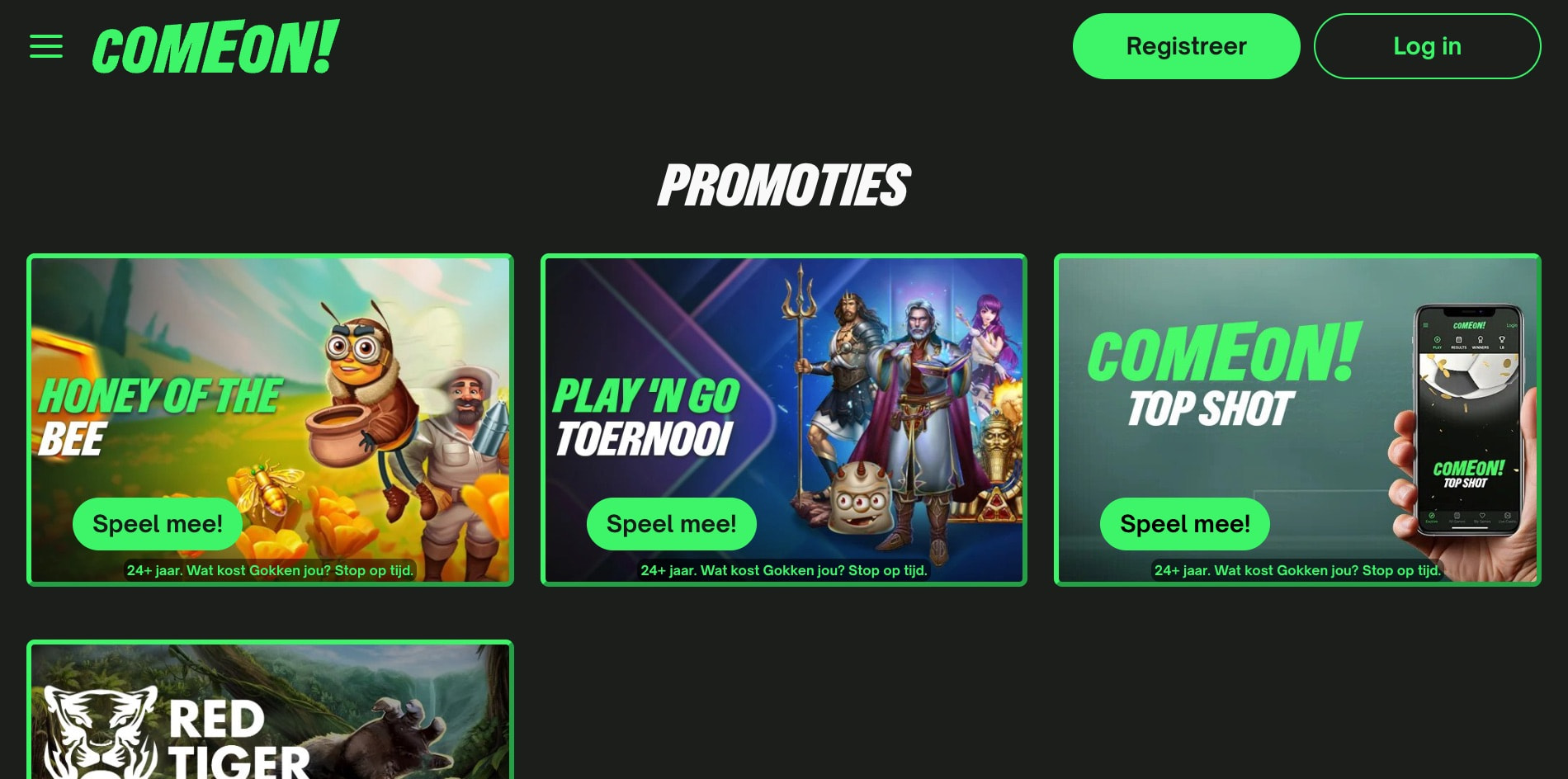 Screenshot van de promotiepagina van ComeOn! met de beschikbare bonussen.