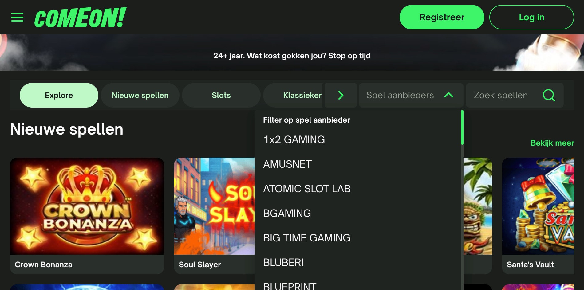 De spellobby van ComeOn! casino met een duidelijke sectie voor Spelproviders, waar logo's van NetEnt, Stakelogic en Red Tiger zichtbaar zijn.