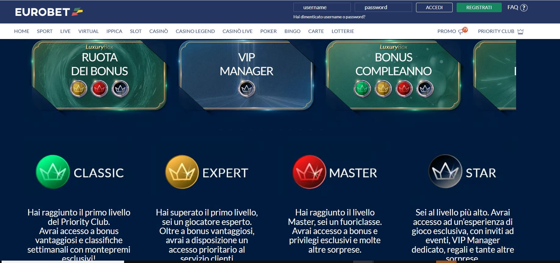 I livelli del programma fedeltà Priority Club del casinò Eurobet.