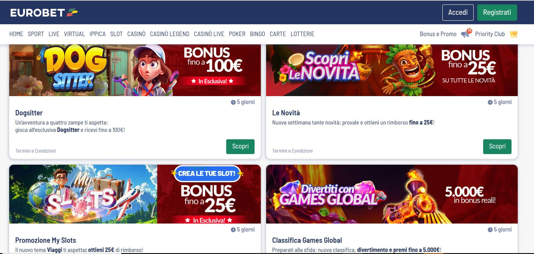 La pagina con le promozioni di Eurobet dedicate alle slot.