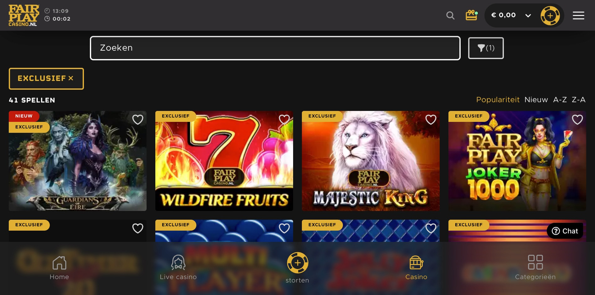 Afbeelding van de spellobby van exclusieve spellen bij Fair Play Casino.