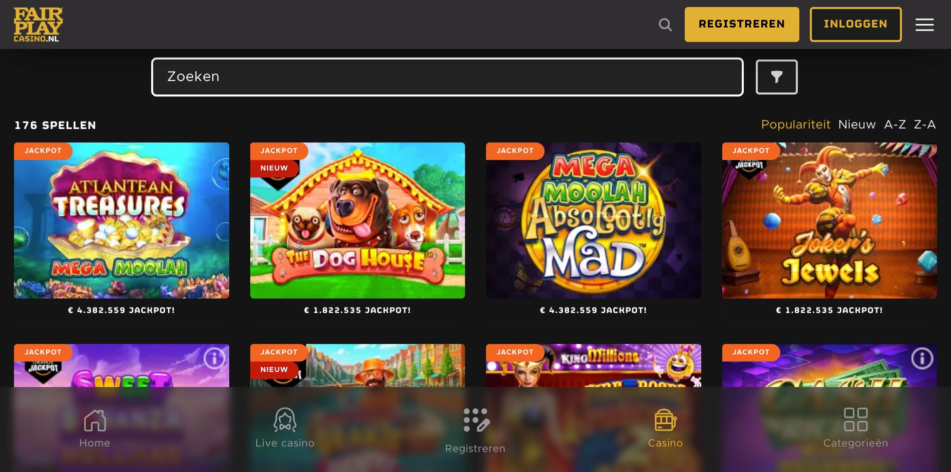 Screenshot van de speciale jackpot-sectie in de lobby van Fair Play Casino, waar verschillende gokkasten met hun actuele jackpotstanden worden getoond.