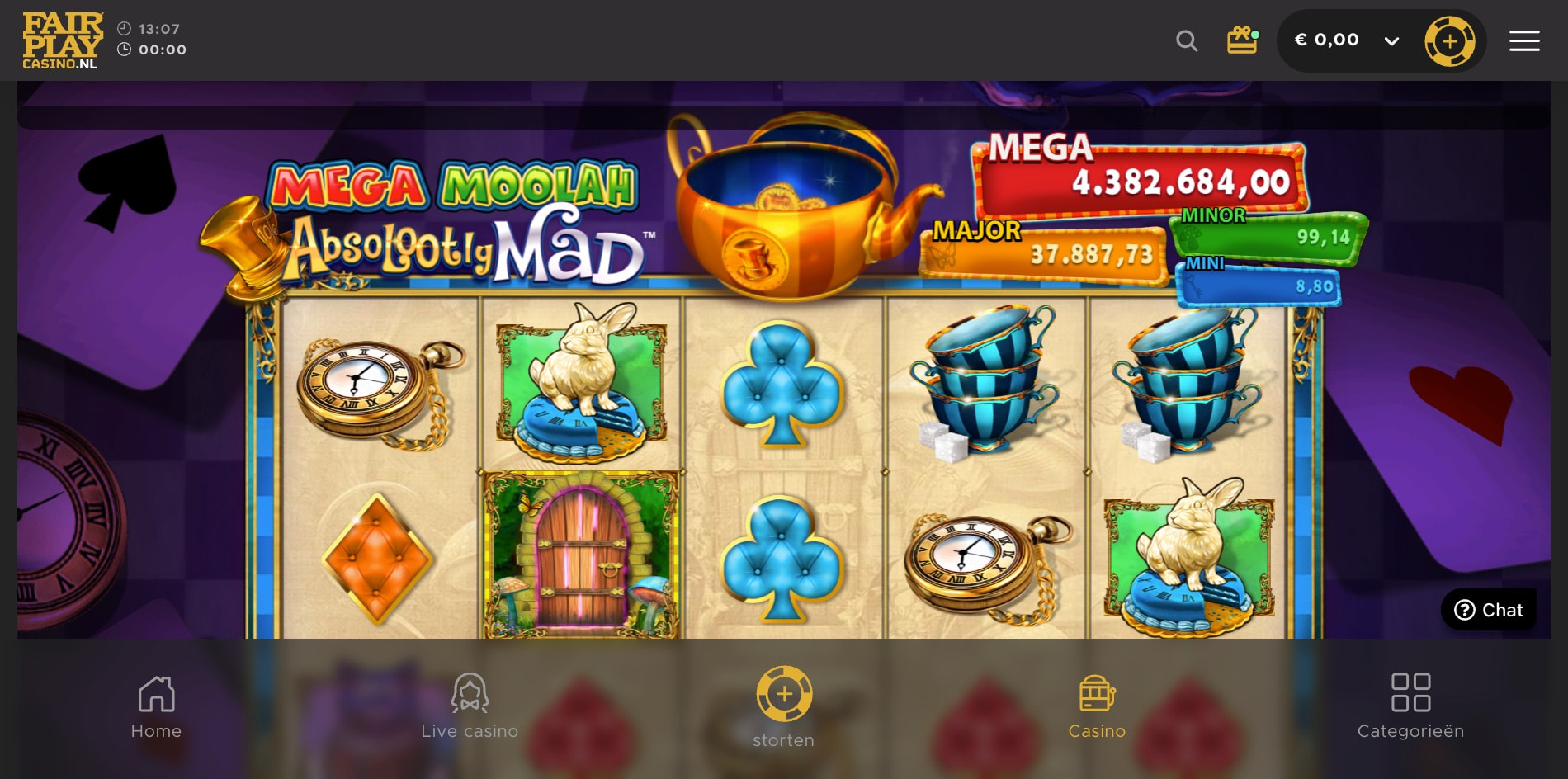 Close-up van progressieve jackpot gokkast Mega Moolah bij Fair Play Casino, waarbij de oplopende jackpotmeter prominent in beeld is.