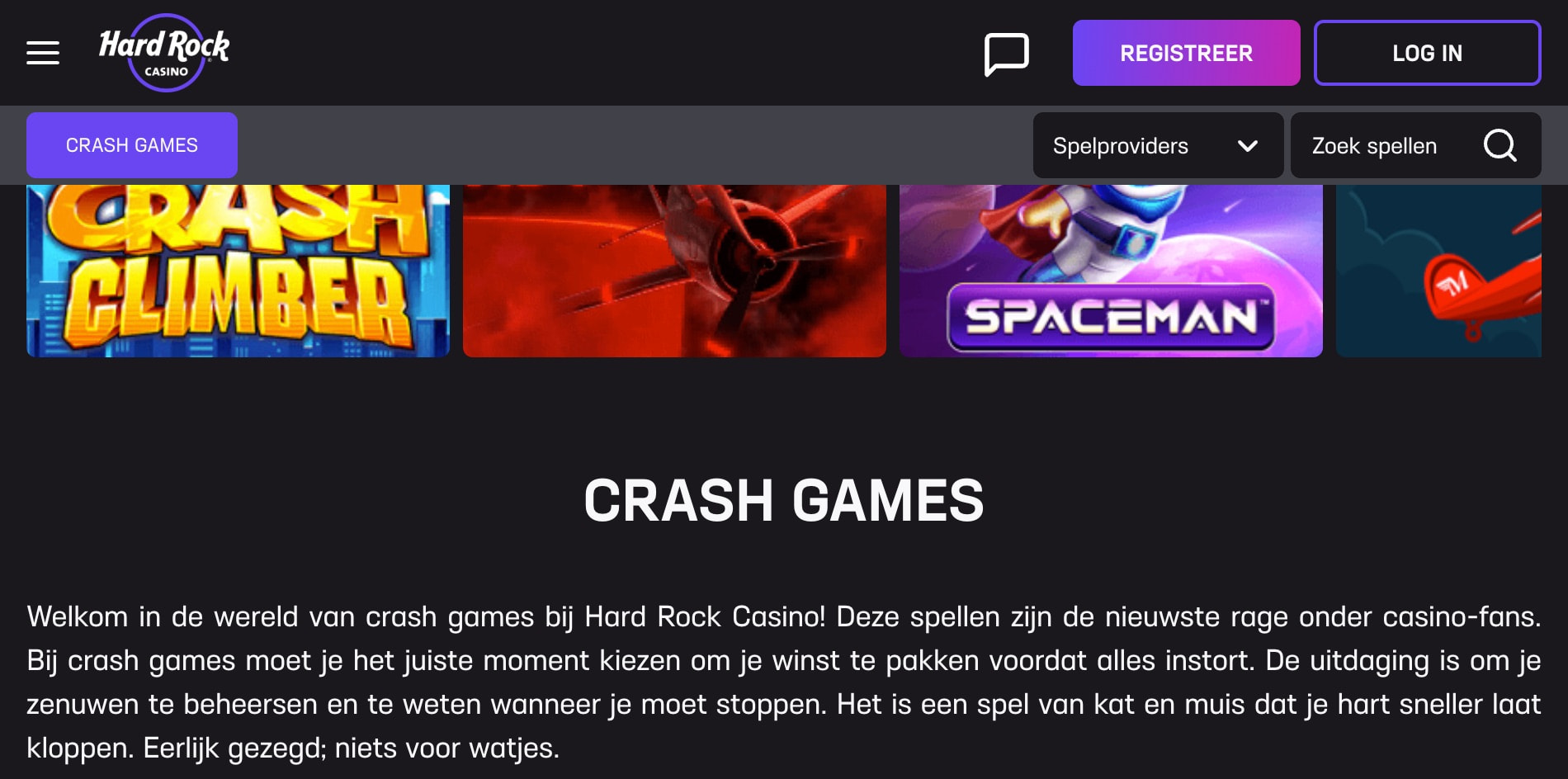 Screenshot van het aanbod van crash games, zoals Aviator, bij Hard Rock Casino.